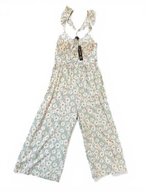 As U Wish Floral Wide Leg Jumpsuit XL Pockets Gauze Back Built-In Bra NWT Boho